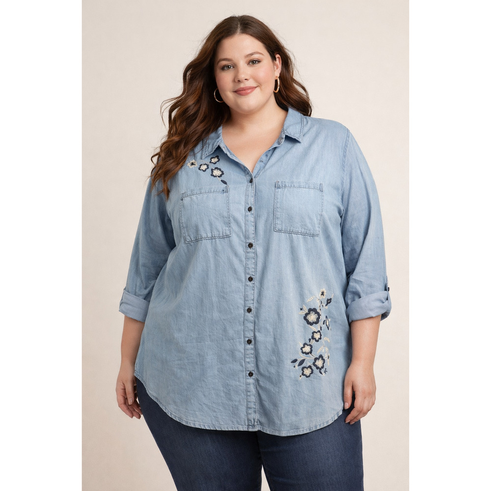 Avenue Plus Size 30/32 Chambray Denim Button Down Shirt Embroidered Floral